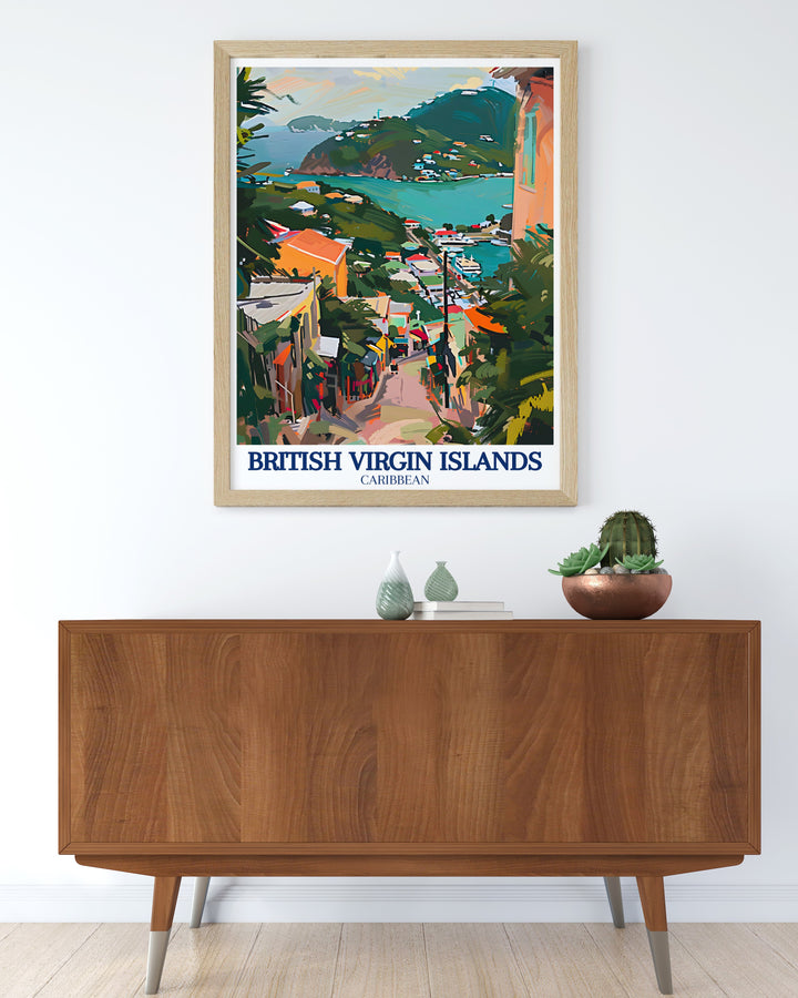 A vibrant travel poster of Road Town in the British Virgin Islands, featuring its colorful buildings and lively harbor. This piece of home decor adds a touch of Caribbean flair to any room, making it a must have for lovers of tropical destinations.