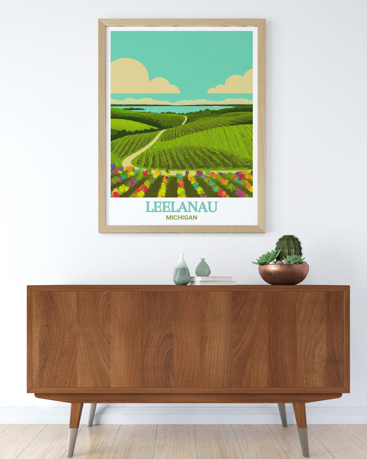 Leelanau Art Print highlighting the vibrant fall colors and scenic beauty of Michigans Leelanau Peninsula. This print captures the essence of Leelanaus natural landscapes, making it an ideal choice for those looking to celebrate Michigans wine country in their decor.