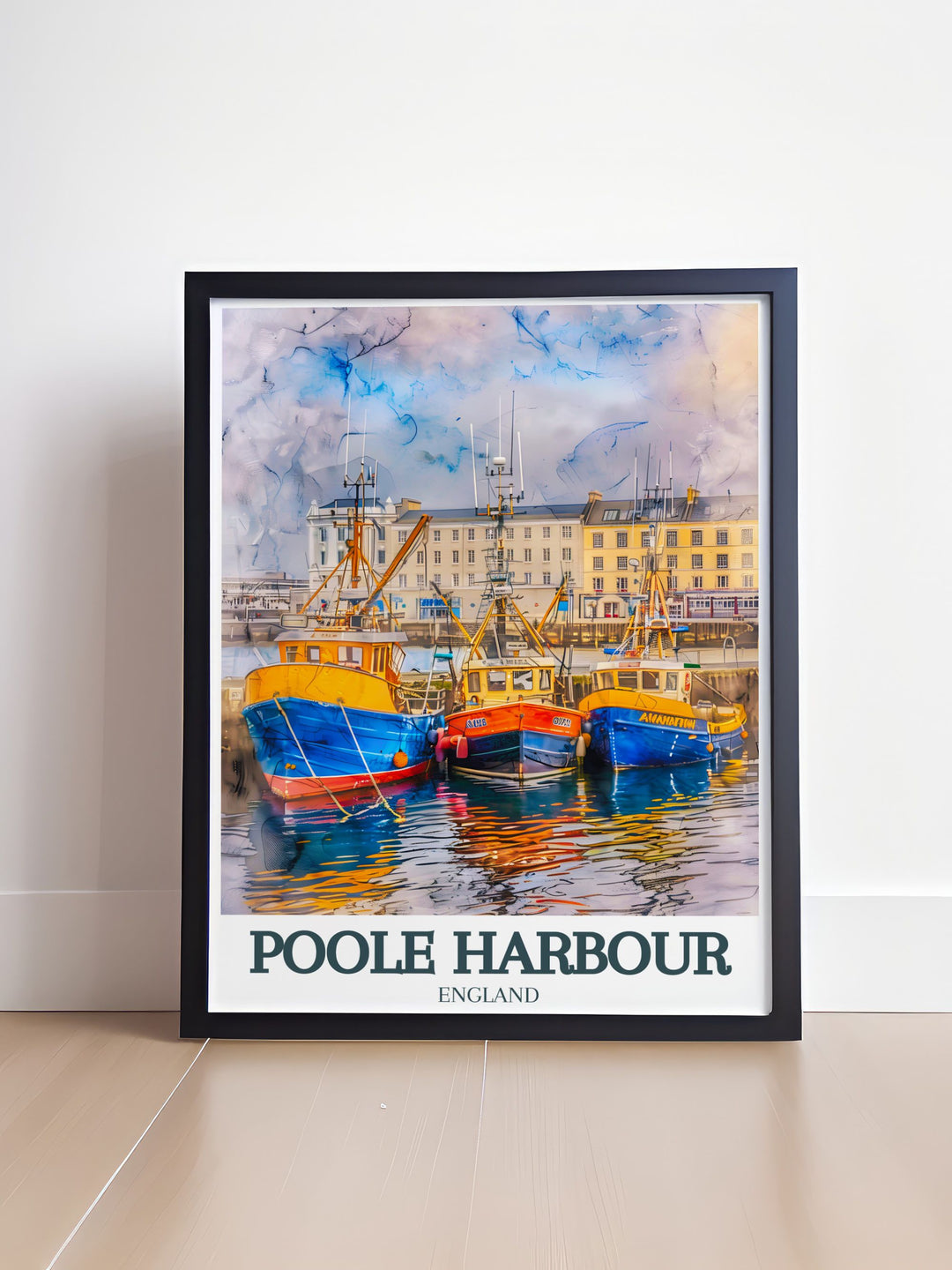 Gorgeous England poster of Poole Harbour with Borough of Poole Holes Bay in vibrant colors perfect for adding a touch of elegance to any room and making a great travel gift for England lovers