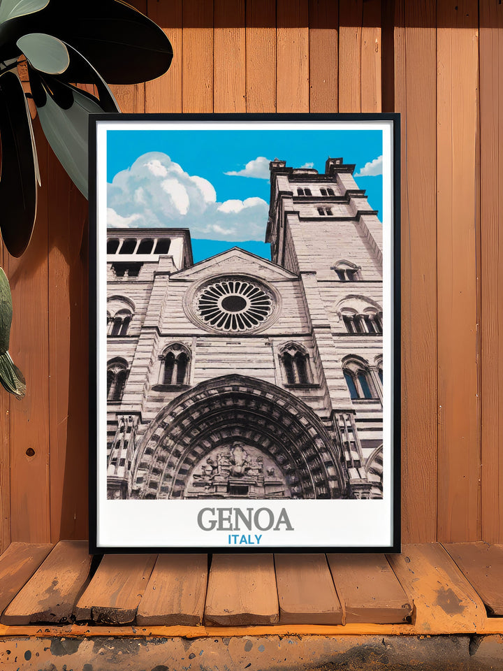 Featuring Genoas majestic cathedral, this wall art is the perfect way to commemorate Italys captivating past. Whether youre adding it to your own space or gifting it to someone special, this print showcases the essence of Italys beauty.