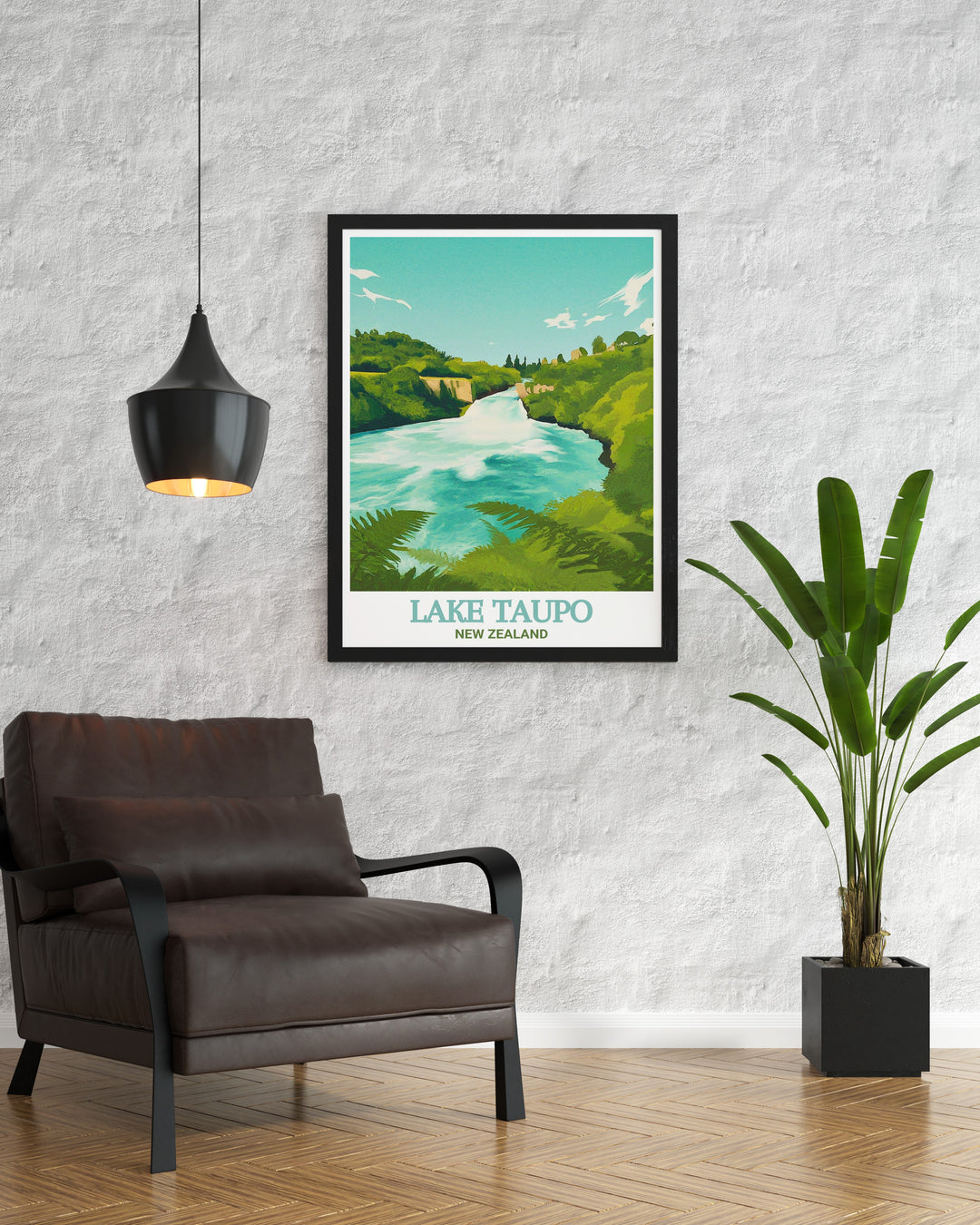 Huka Falls Wall Art depicting the mesmerizing flow of water as it surges through narrow rocky channels, creating misty sprays and rainbows under the sunlight, capturing the raw and untamed energy of New Zealands natural wonders to invigorate and enliven your living space.