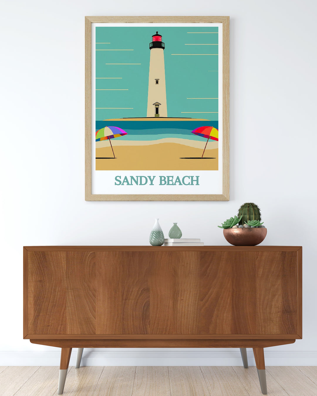 Colorful Sandy Beach Lighthouse Framed Print featuring a vivid beach scene with detailed lighthouse artwork ideal for adding elegance and charm to any room with its vibrant hues and eye catching design