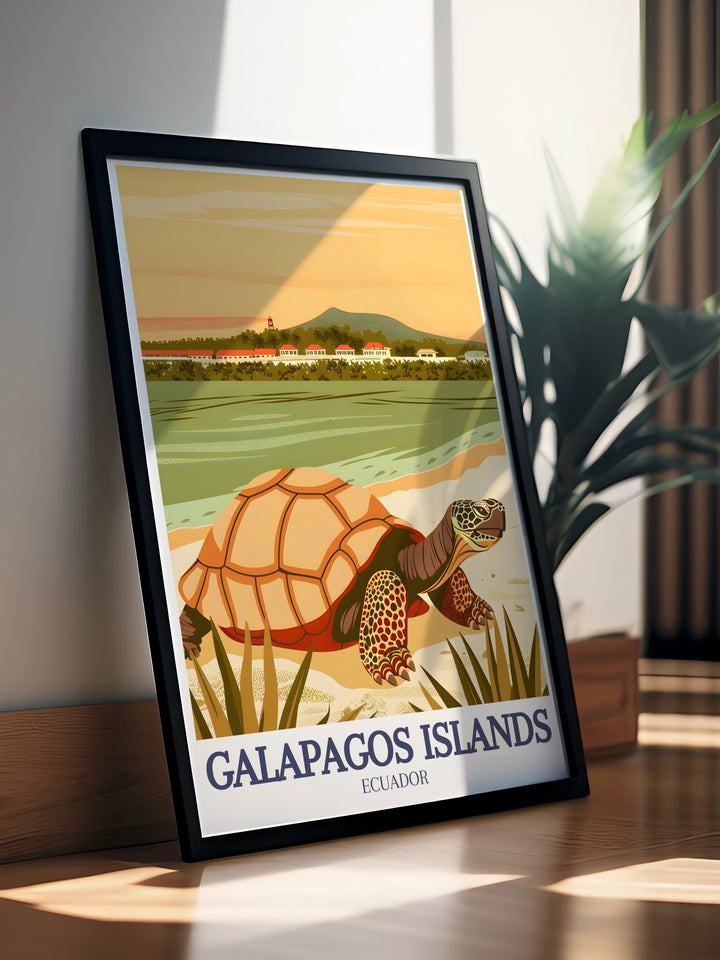 A stunning poster print of the Galapagos Islands featuring Santa Cruz and Floreana Islands. This travel artwork captures Ecuadors vibrant ecosystems and pristine landscapes, perfect for nature lovers and those with wanderlust.