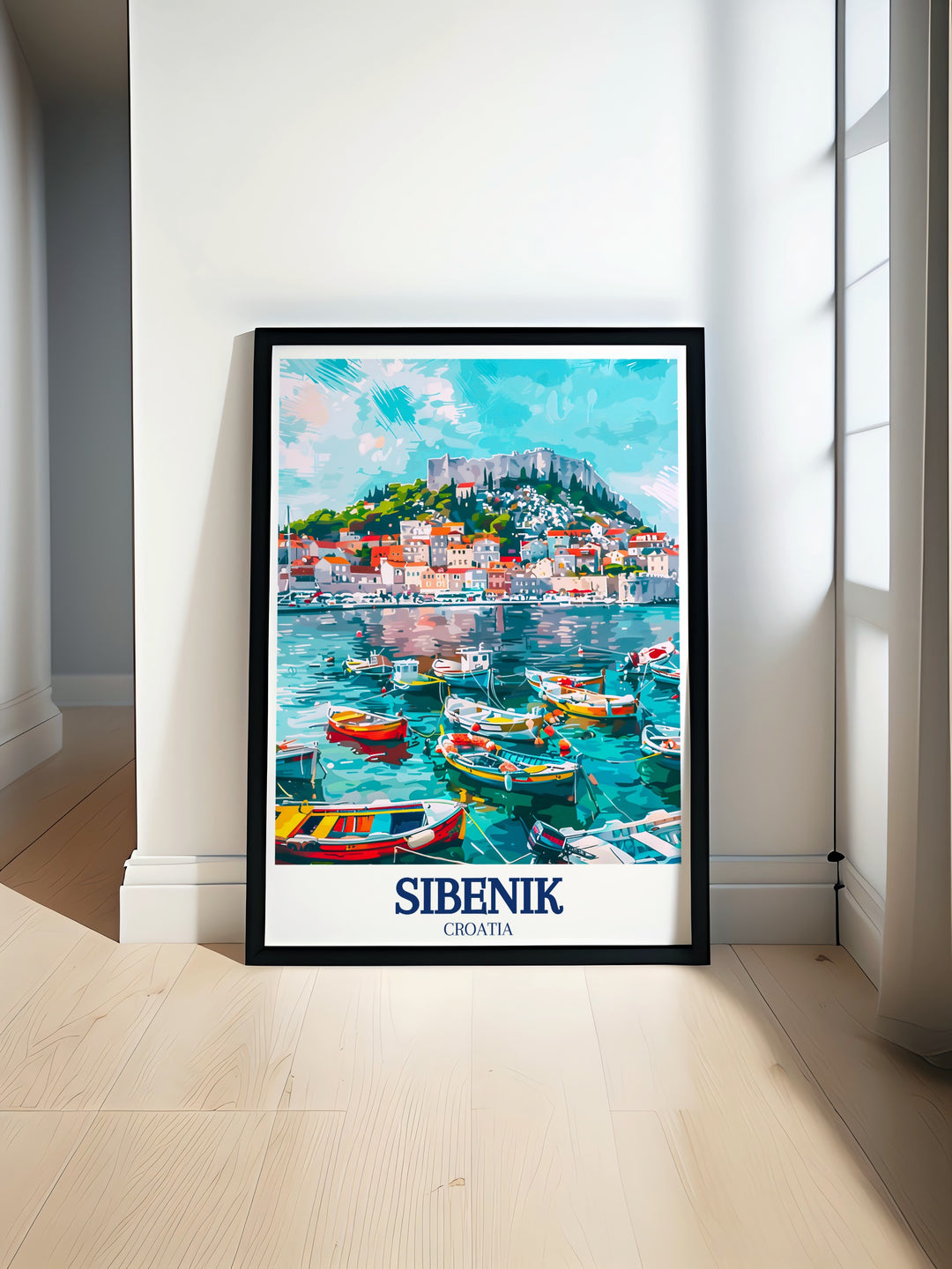 Sibeniks harbor and historic St. Michaels Fortress come to life in this stunning travel poster. A perfect gift for those who appreciate Croatias coastal beauty, this print adds a touch of European elegance to any room.