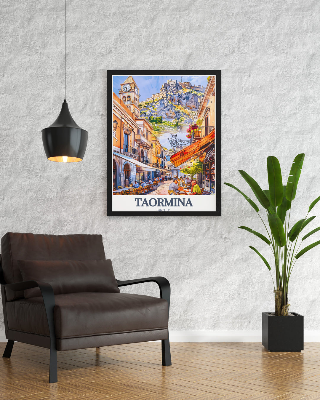 Corso Umberto and Piazza IX Aprile depicted in Italy wall art. This Taormina travel poster offers a detailed view of these iconic locations, showcasing the historic and lively character of Taormina.