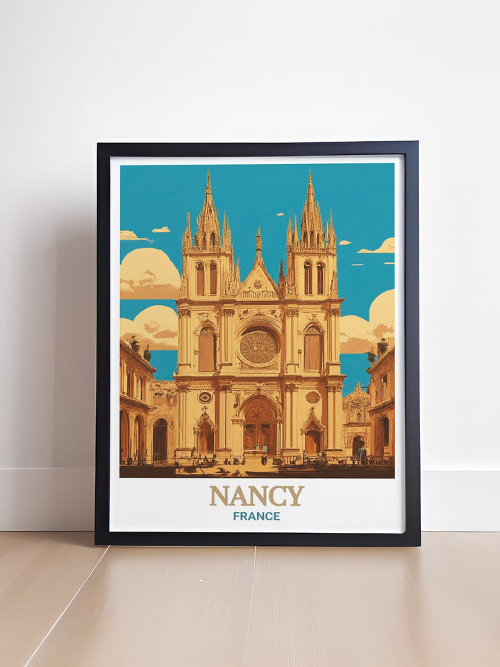 This Nancy Cathedral travel print captures the grandeur of one of Frances most iconic landmarks. The artwork brings together rich historical architecture and stunning visuals, making it a perfect addition to any art collection or gift.