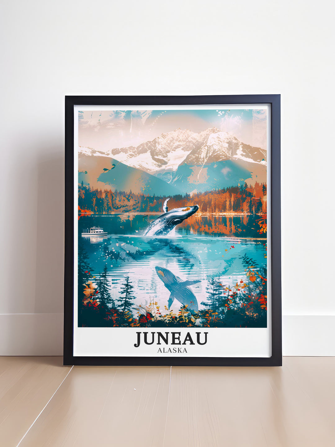 Chilkat Mountains framed art showcasing the majestic peaks that define the beauty of Juneau. Paired with the tranquil waters of Auke Bay, this print captures the essence of Alaskas wild landscapes, making it perfect for nature enthusiasts and art collectors.