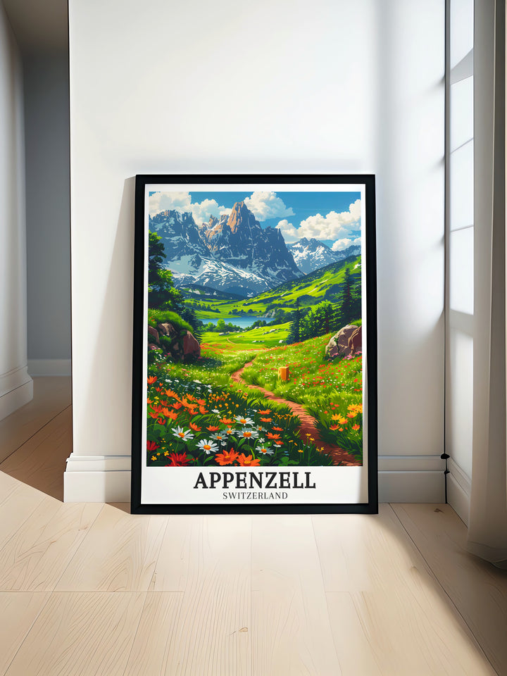 Appenzell vintage poster celebrating the traditional Swiss village surrounded by the natural beauty of the Alpstein mountains and Seealpsee Lake. Perfect for adding a touch of Swiss heritage to your home.