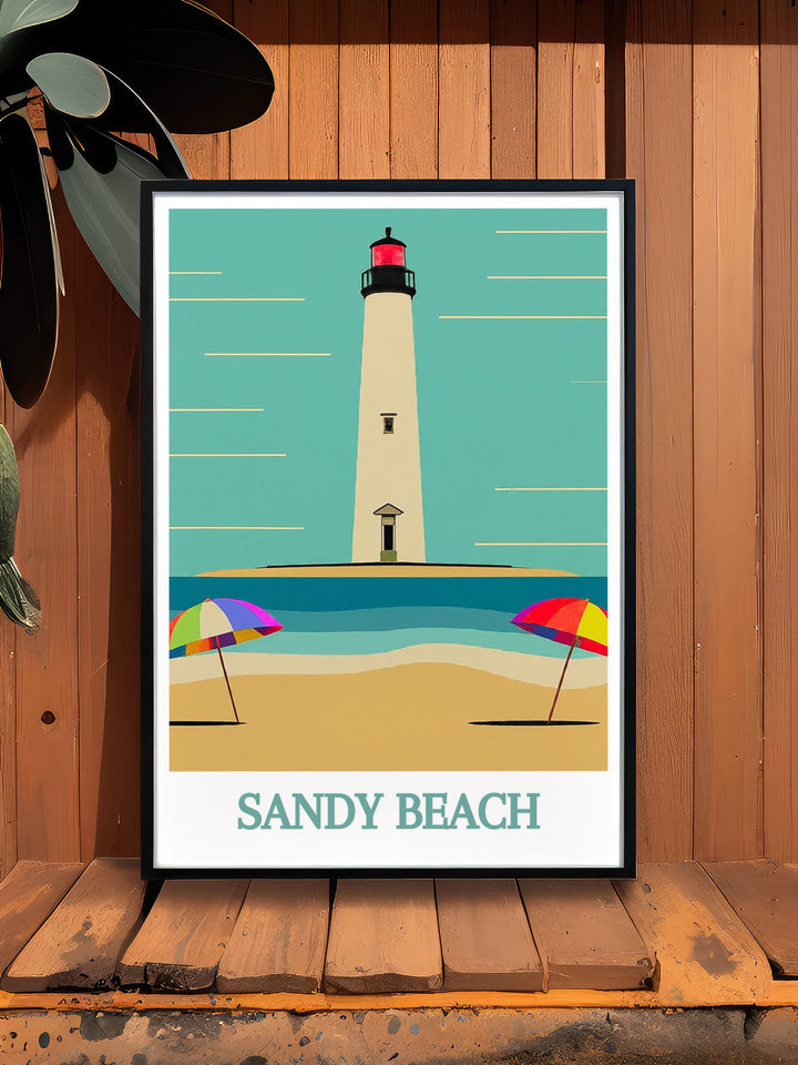 Stunning Sandy Beach Lighthouse Artwork in a modern print style that highlights the beauty of coastal scenery with colorful accents and intricate lighthouse details designed to elevate home decor