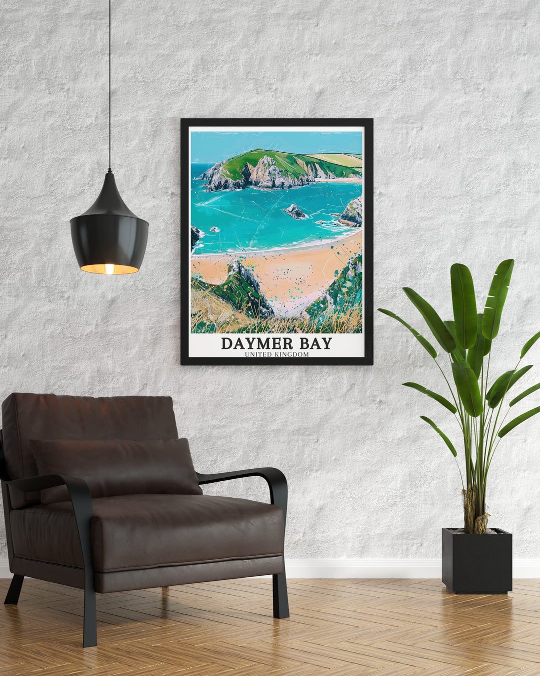 The lush greenery of Brea Hill and the golden sands of Daymer Bay are perfectly depicted in this travel poster, showcasing North Cornwalls natural beauty. Perfect for enhancing any room with a touch of the English coasts quiet charm.