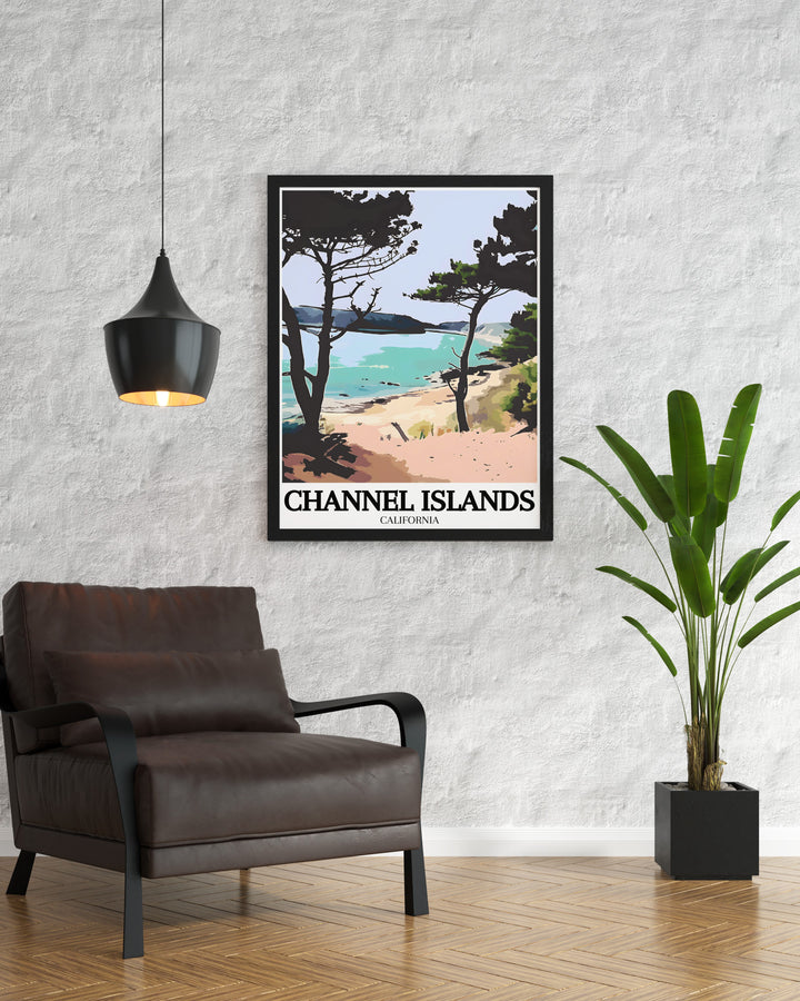 Beautiful framed print of Santa Cruz Island, Painted Cave sea cave combining vintage charm with modern aesthetics a must have for anyone who appreciates National Park art and California posters.