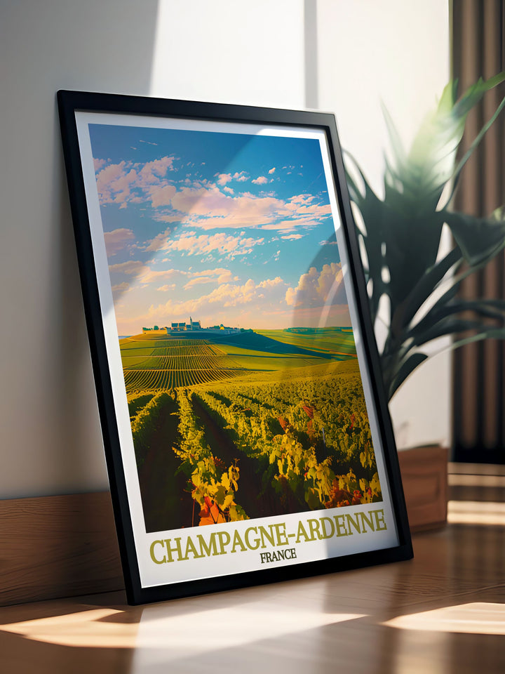 Vintage Montagne de Reims poster showcasing the serene beauty of Champagne Ardenne. Perfect for wall art or gifts, this France travel print brings the tranquil landscapes of Montagne de Reims into your home decor with exquisite detail.