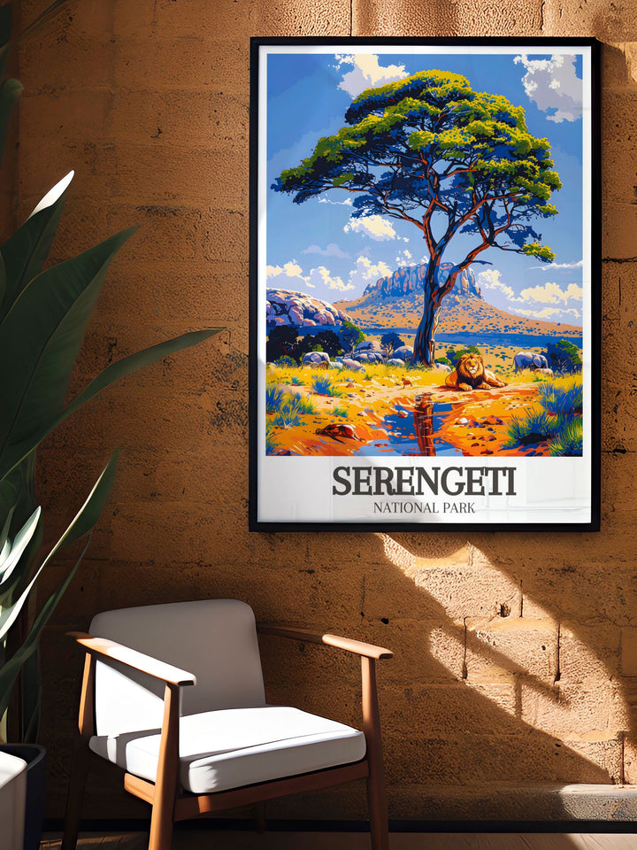 Africa travel poster featuring Acacia tree Wildlife savanna scene perfect for those who love wildlife and adventure