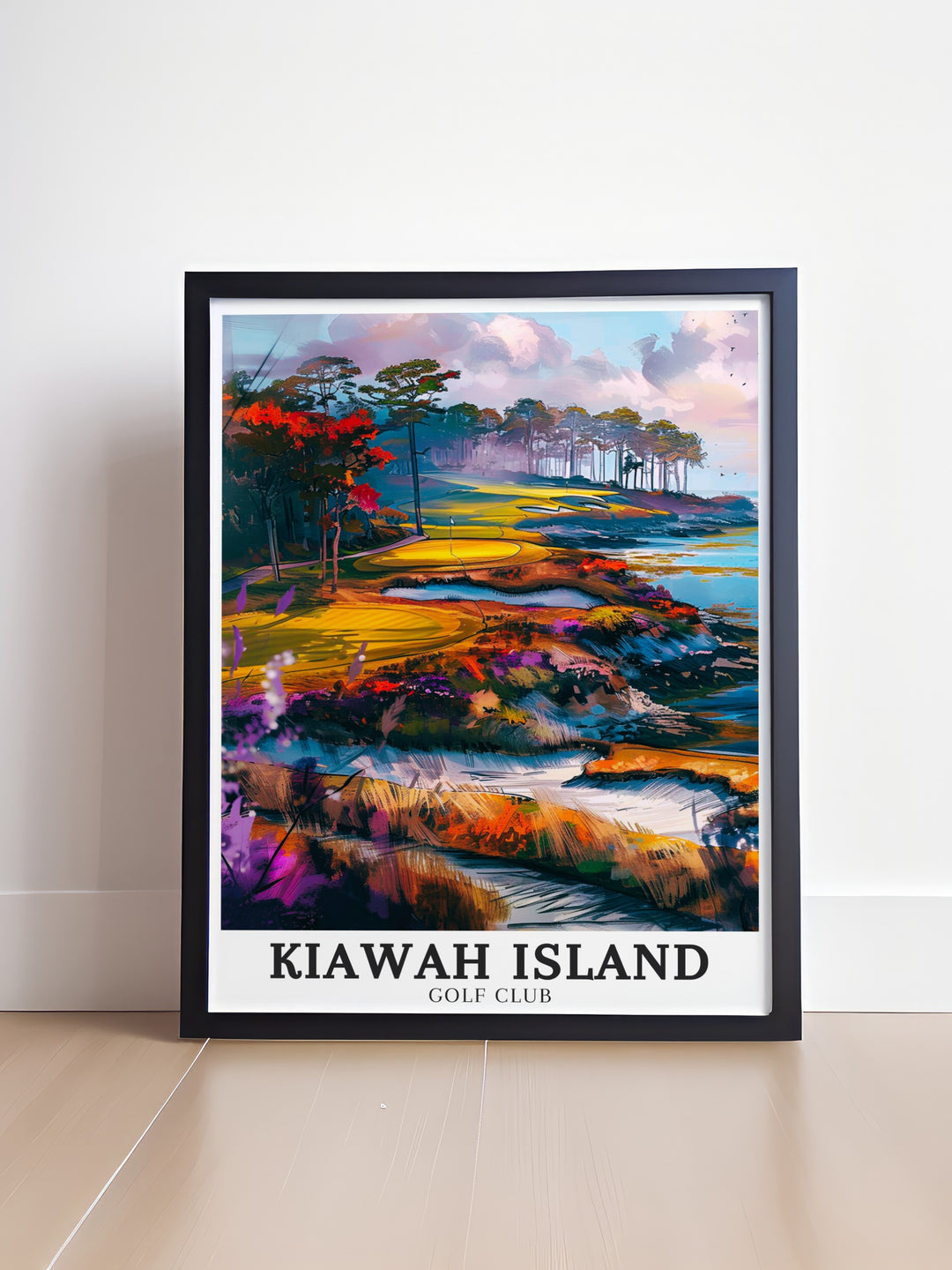 A stunning golf poster featuring the iconic Ocean Course at Kiawah Island Golf Club in South Carolina capturing the breathtaking views of the Atlantic Ocean and the challenging layout of this world renowned course perfect for adding a touch of coastal elegance to any room