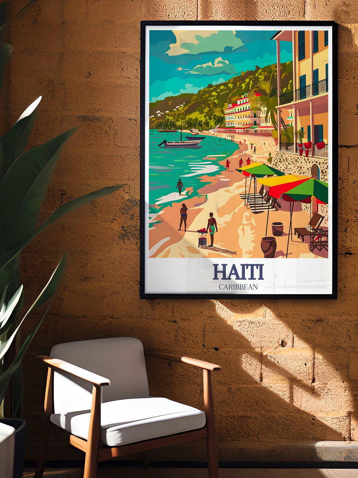 Labadee Beach is beautifully showcased in this travel print, highlighting its turquoise waters and sandy shores. Paired with the historical charm of Cap Haïtien, this canvas art captures the essence of Haitis coastal and cultural treasures, ideal for any space.