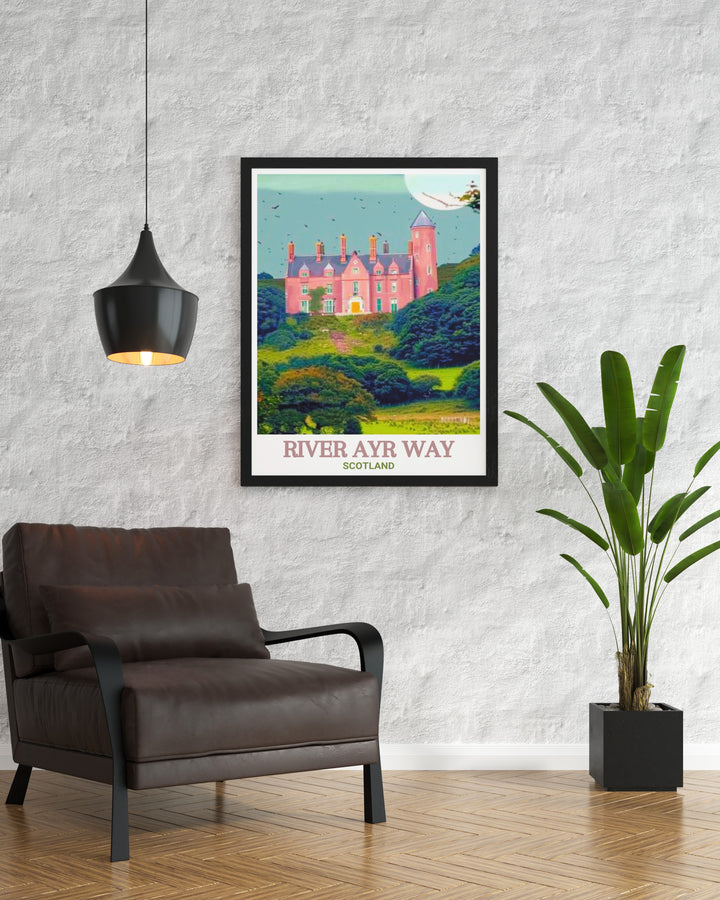 River Ayr Way and Sorn Castle scenic poster highlighting the rugged beauty and historical charm of these landmarks in Scotland. This detailed artwork depicts the trail and Sorn Castle, making it a perfect addition to your wall art collection.