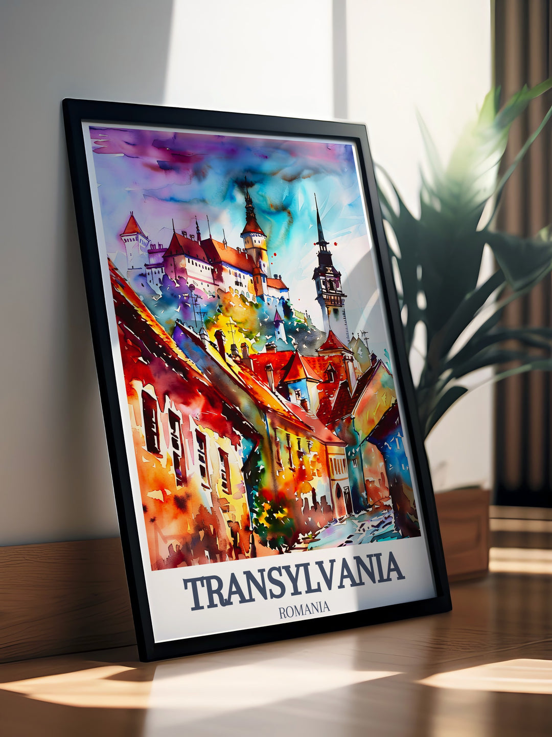 Bran Castle, also known as Draculas Castle, and the historic Sighișoara Citadel are beautifully depicted in this Transylvania travel poster, offering a stunning glimpse into Romanias cultural heritage. Perfect for anyone who admires medieval architecture, this framed print brings Romania into your home.