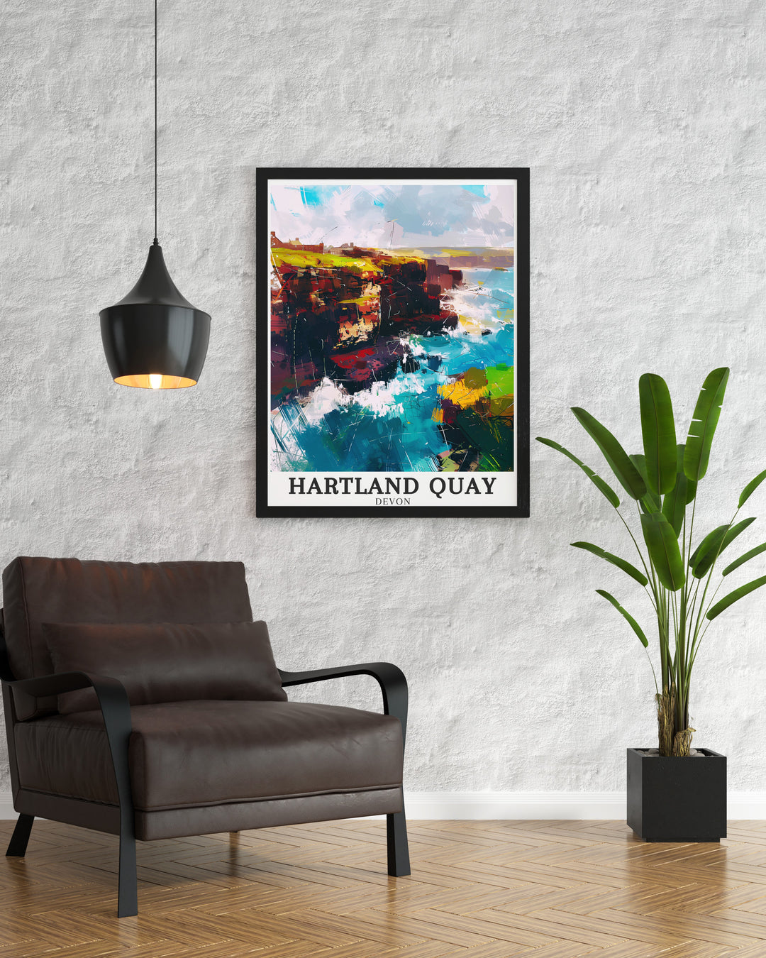 Hartland Quay wall art capturing the essence of the rugged cliffs and crashing waves of Devons coastline. This framed art piece showcases the wild beauty of Hartland Quay, making it an inspiring addition to any room for those who love coastal landscapes.