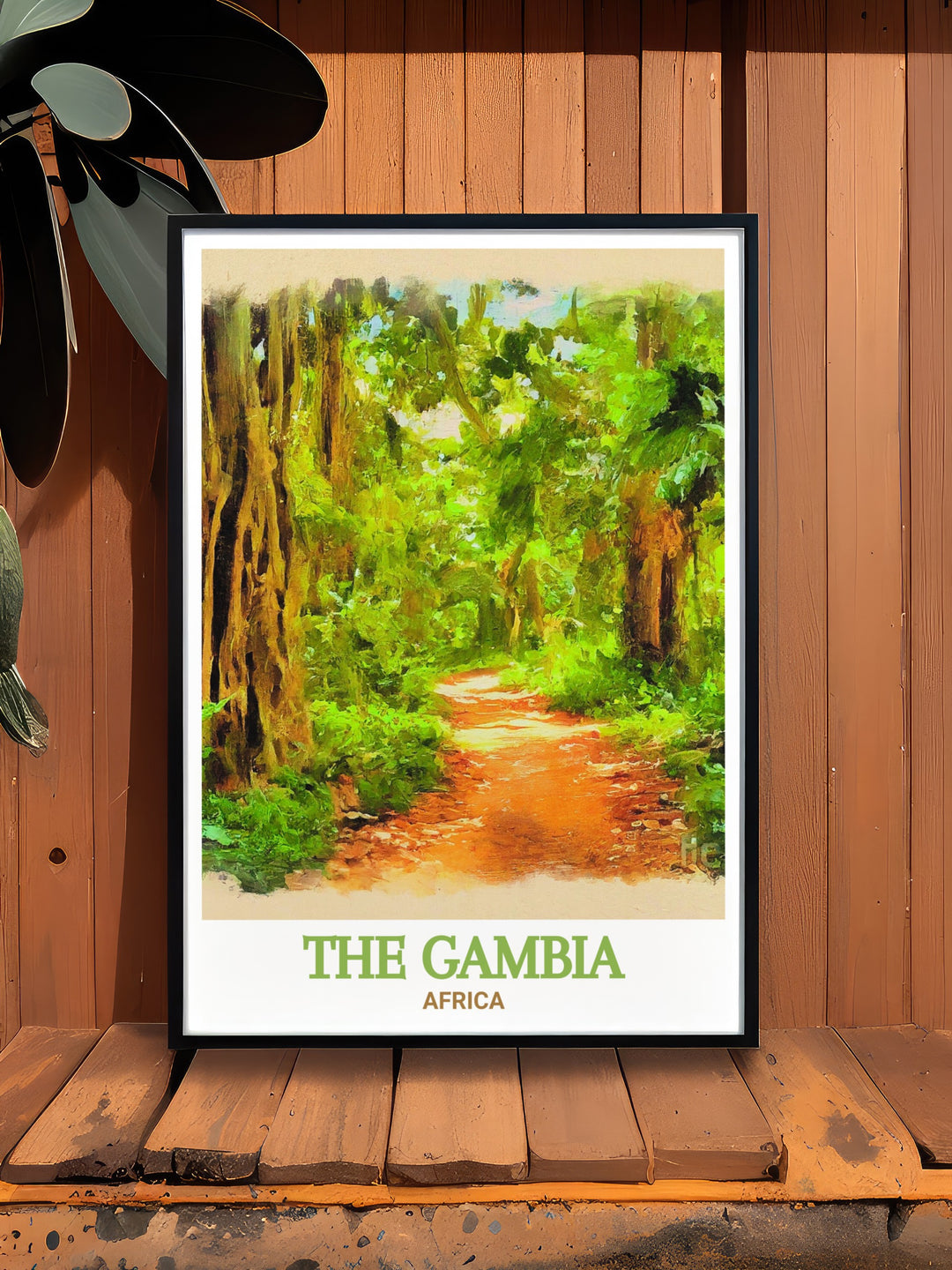 Bijilo Forest Park poster from The Gambia. This travel print offers captivating views and rich biodiversity, perfect for nature enthusiasts and art lovers alike. The vibrant colors and detailed illustrations make it a standout piece for any space.