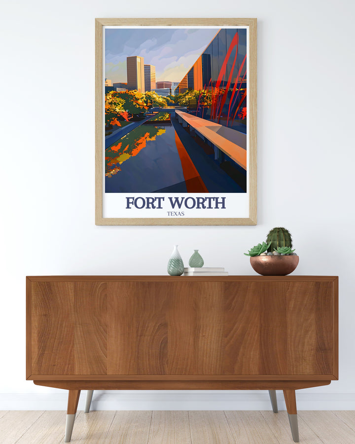 Celebrate Fort Worth with this stunning art print featuring the iconic landmarks of the Fort Worth Cultural District and Tarrant County. This travel poster adds a creative touch to your space, making it ideal for Texas lovers and art collectors.