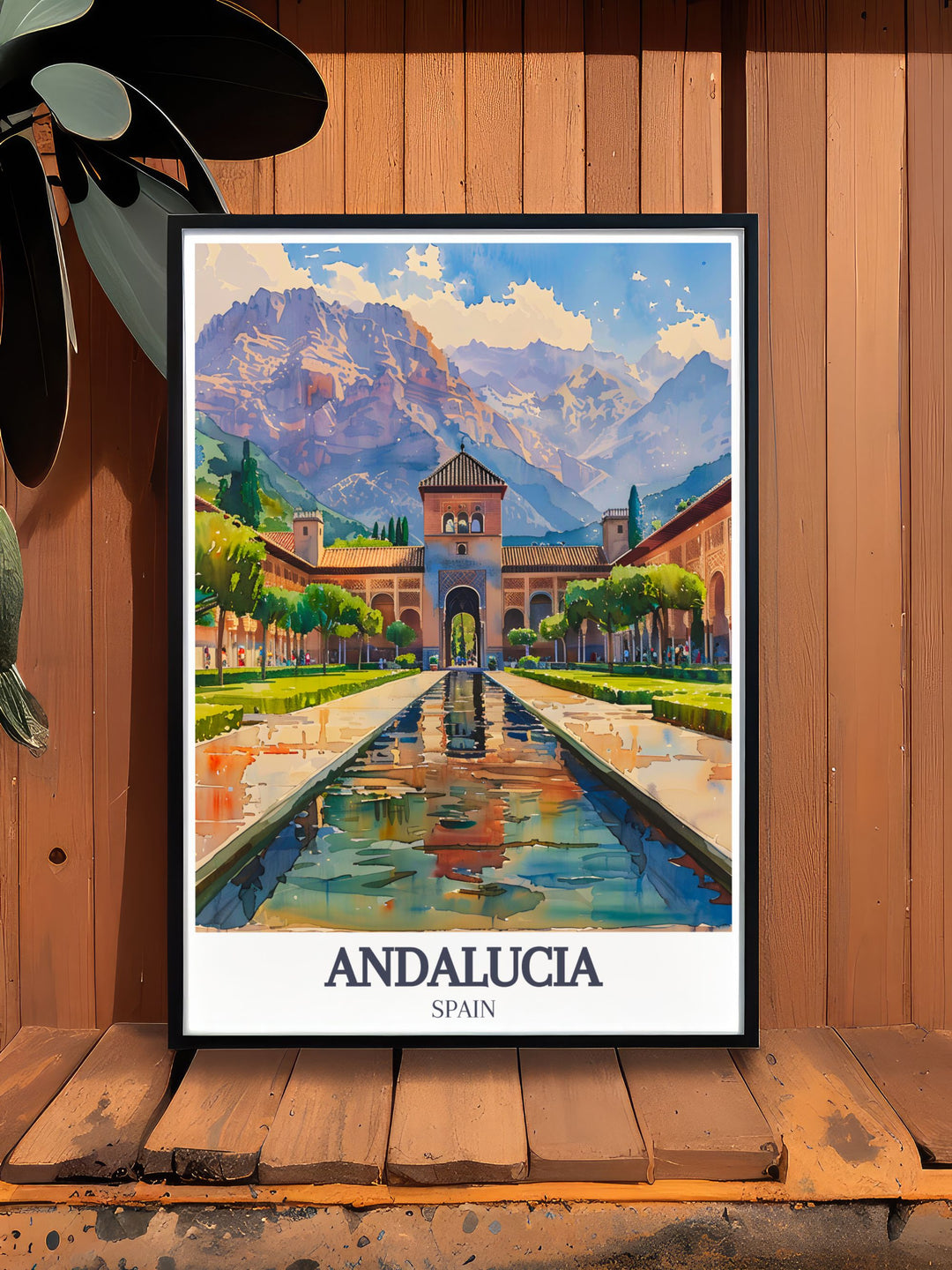 Highlighting the serene elegance of the Alhambra Palace and the dramatic Sierra Nevada Mountains, this poster showcases the rich history and natural beauty of Andalucia, making it a perfect addition to any decor.