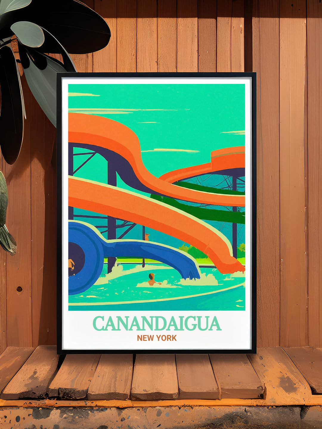 Poster of Roseland Waterpark highlighting the exciting water slides and serene greenery. A beautiful addition to any room, celebrating the dynamic energy of New York State.