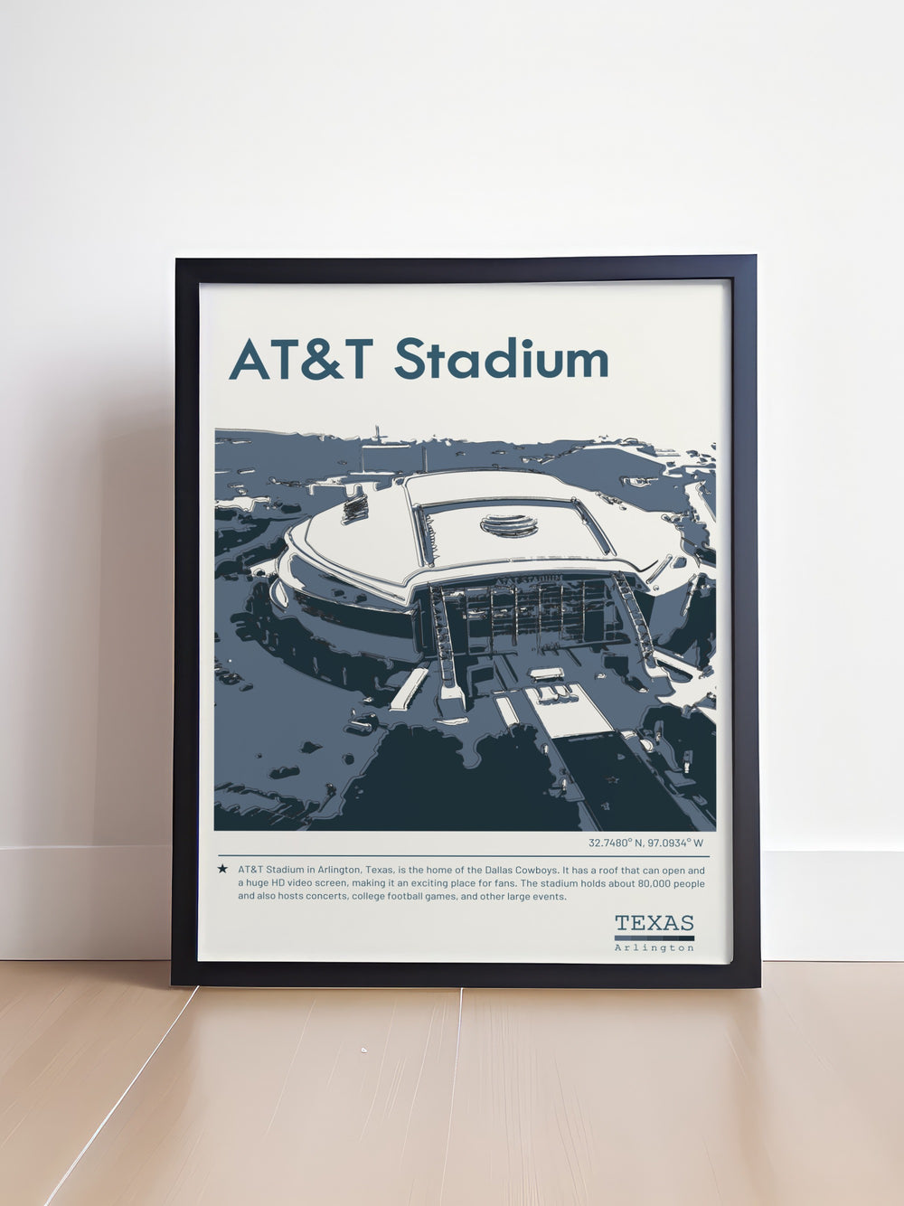 Texas sports Travel Poster highlighting the excitement of NHL NFL MLB and NBA games featuring AT and T Stadium Globe Life Field and American Airlines Center