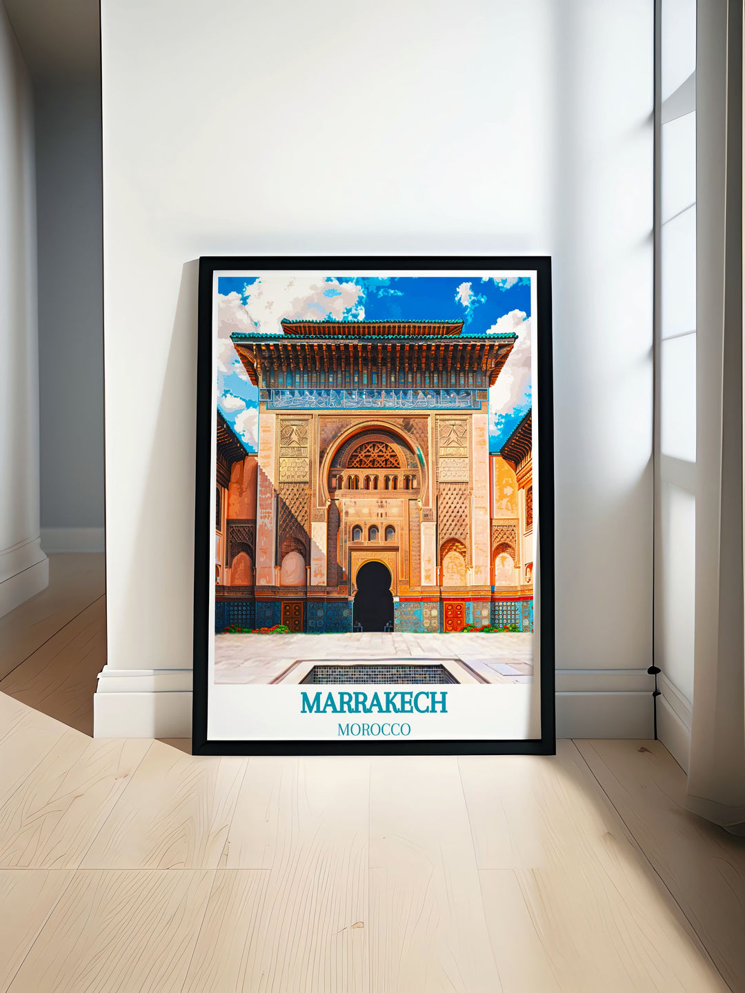 This travel poster of Marrakech captures the citys vibrant energy and historic landmarks, perfect for bringing the colorful charm of Morocco into your home decor.