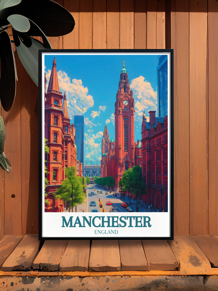 Manchester town hall wall art depicting the majestic building in all its glory ideal for those who admire Manchesters historical and cultural heritage and want to showcase it in their decor.
