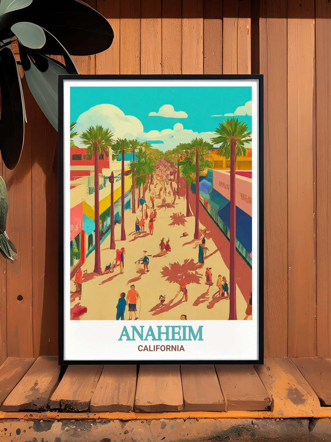 a poster of a beach town with palm trees