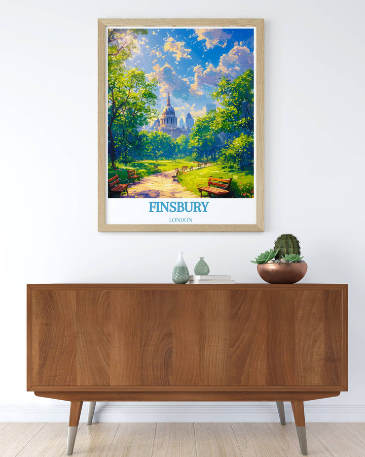 Finsbury Park print designed to bring the essence of this iconic London park into your home. This London travel poster is ideal for those who love the beauty of Finsbury Park and want to add a touch of its serenity to their living space.