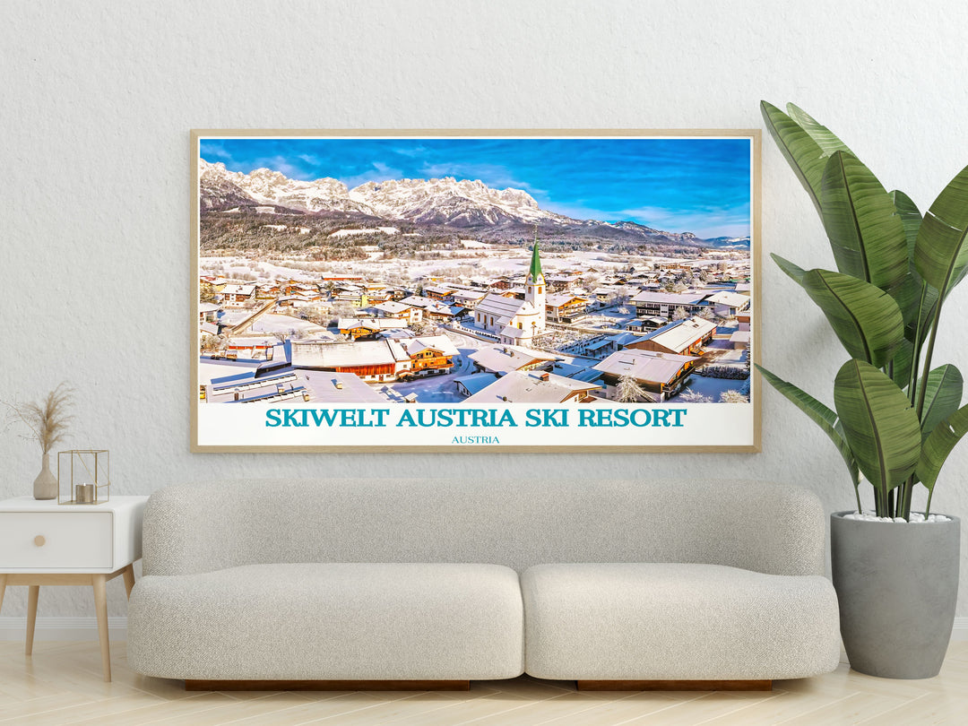 Transform your space with the Ellmau Modern Prints featuring the SkiWelt Austria Ski Resort Poster Print. The vintage ski poster style captures the beauty of the Alps making it a perfect addition to your home decor for an inviting alpine atmosphere.