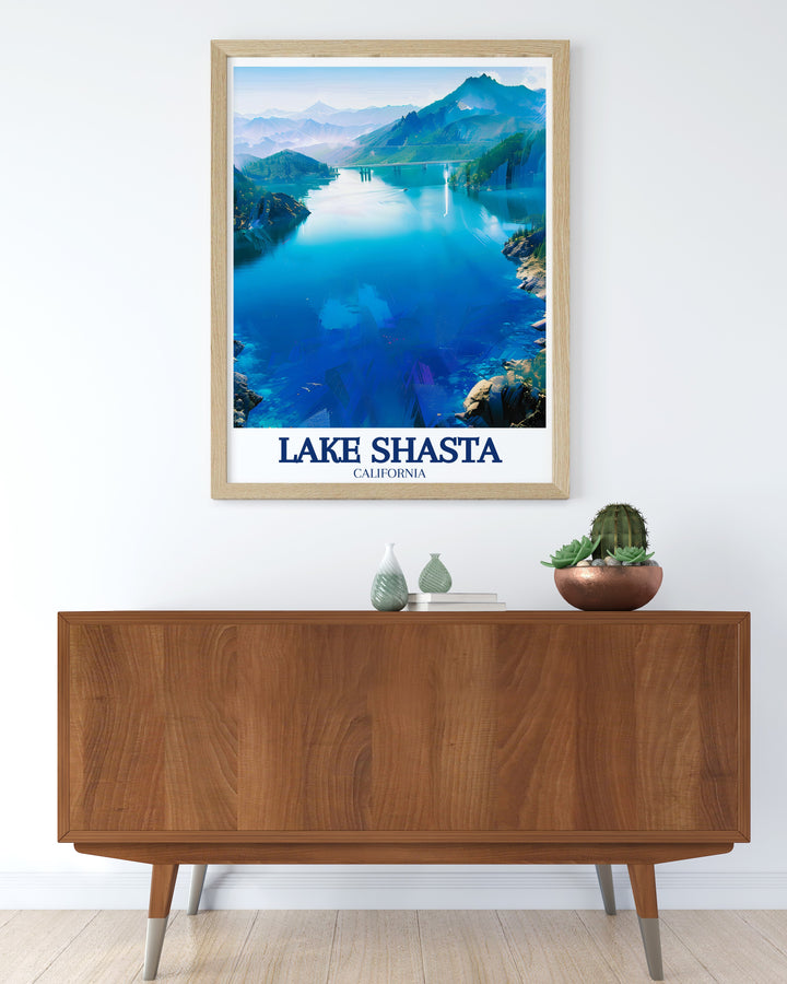 A serene Shasta Lake reservoir travel print that captures the peaceful reflections of mountains on the water. Ideal for adding a calming presence to any space, this artwork beautifully portrays Northern Californias breathtaking natural landscapes and the quiet beauty of the lake.