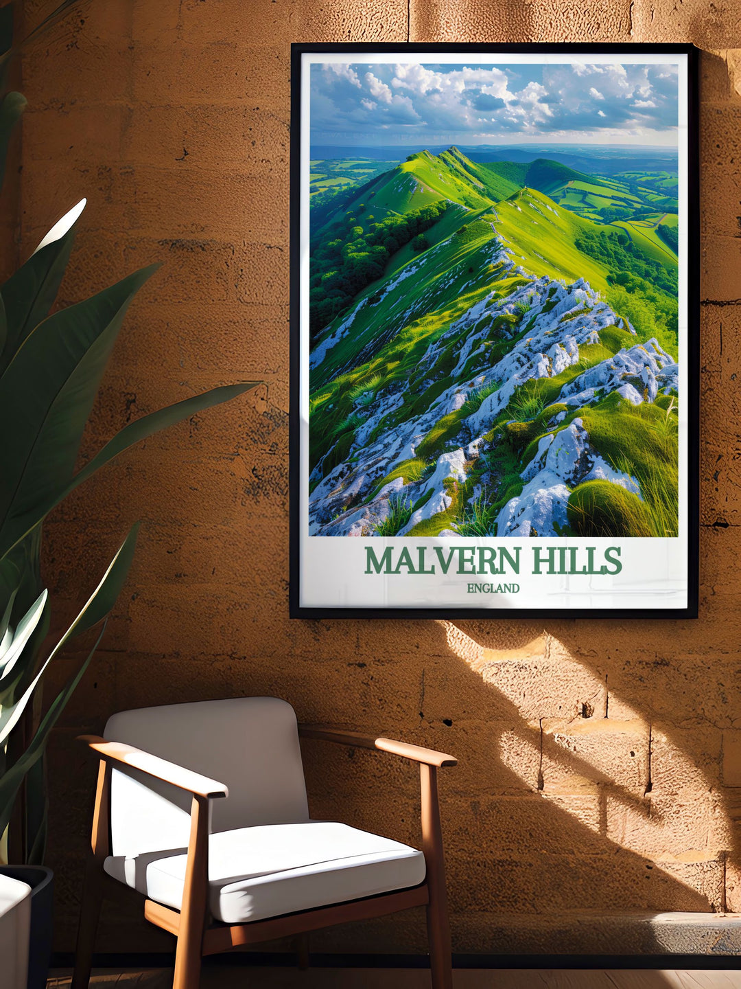 Enhance your living space with this stunning Great Malvern Priory artwork showcasing the rolling hills of Worcestershire and the Severn Valley in a beautifully crafted modern print perfect for those who appreciate the serene beauty of the UK countryside and historical landmarks