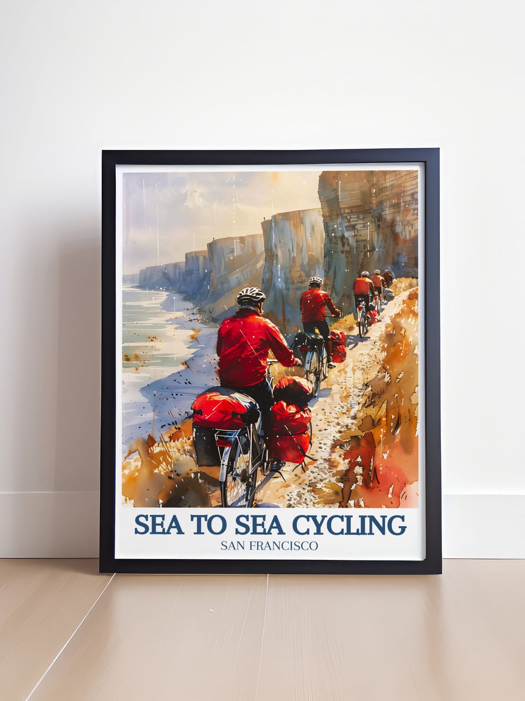 Celebrate the iconic Sea to Sea Cycling Route with this beautifully designed travel print. Featuring the Cliffs of Dover, this artwork is ideal for anyone who loves cycling and wants to showcase their passion for the UKs most famous cycling route.