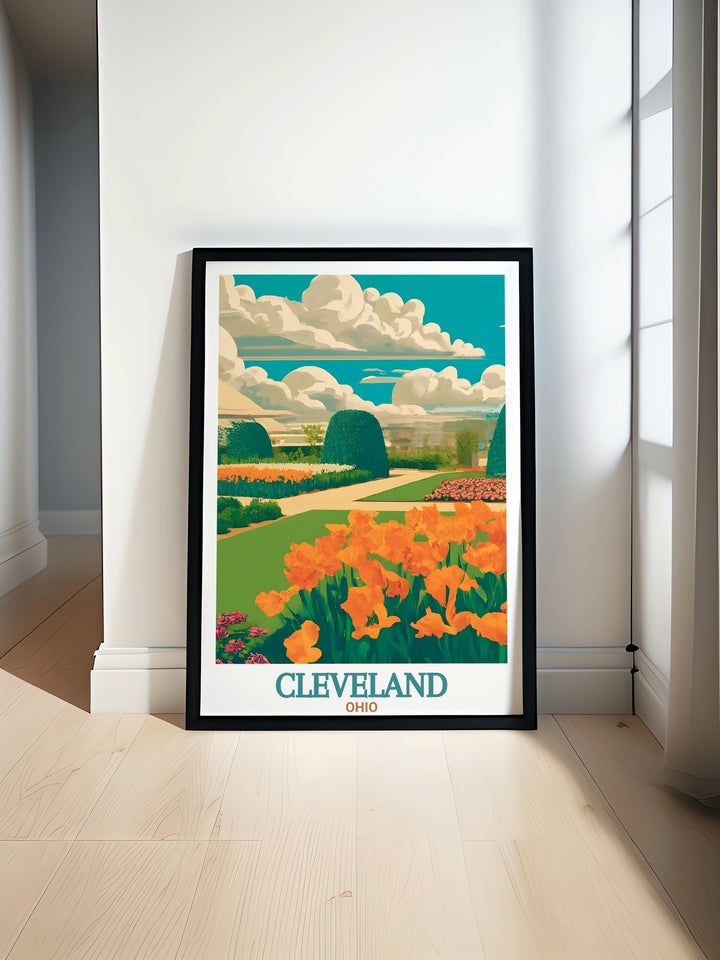 Cleveland Poster captures both the citys bustling streets and the serene Cleveland Botanical Garden in one beautiful visual. This travel print is perfect for those who want to bring a touch of Clevelands diverse landscapes into their home or office decor.