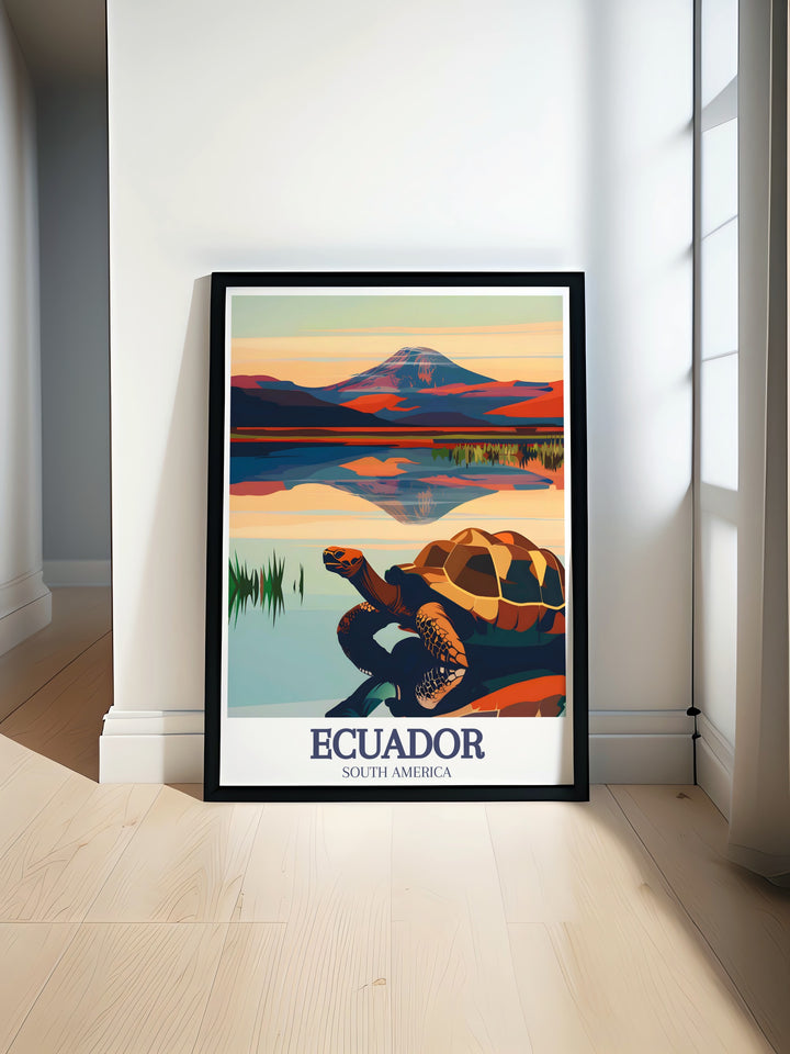 This Ecuador Travel Poster showcases the incredible diversity of the country, from the majestic Cotopaxi Volcano to the serene Galapagos Islands. Its a wonderful piece of art for travel enthusiasts, bringing the spirit of Ecuador into your home and serving as a reminder of its beauty.