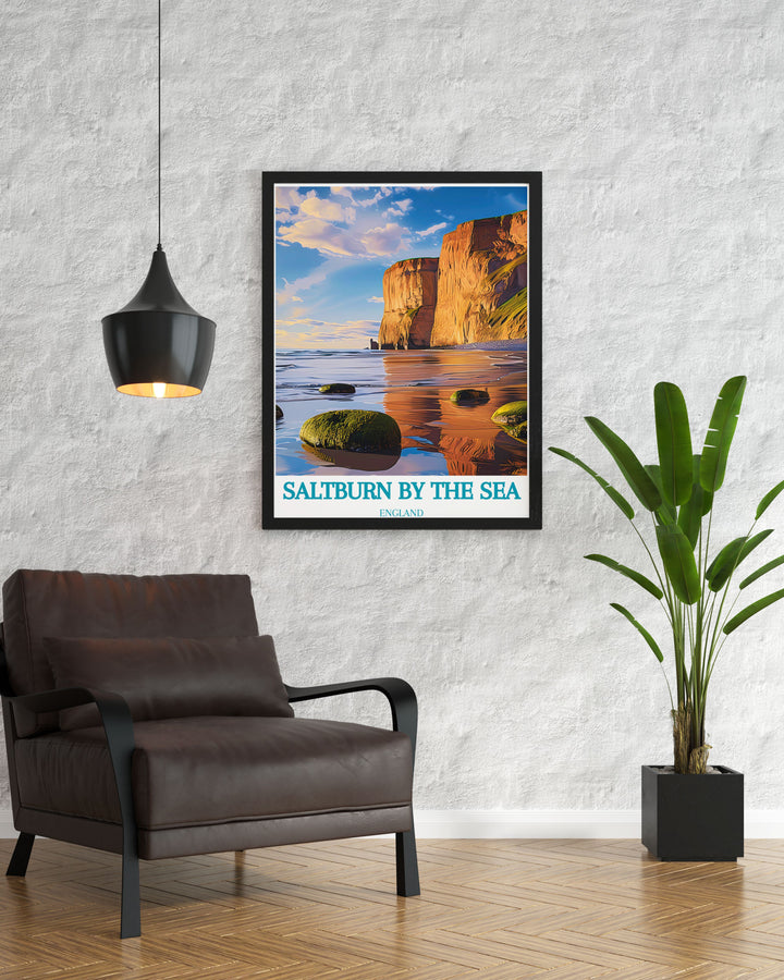 Saltburn Poster featuring Huntcliff and Saltburn by the Sea travel print capturing the essence of Yorkshire coastal scenery with stunning views of Saltburn Pier Saltburn Cliff Lift and the surrounding natural beauty of Whitby Yorkshire