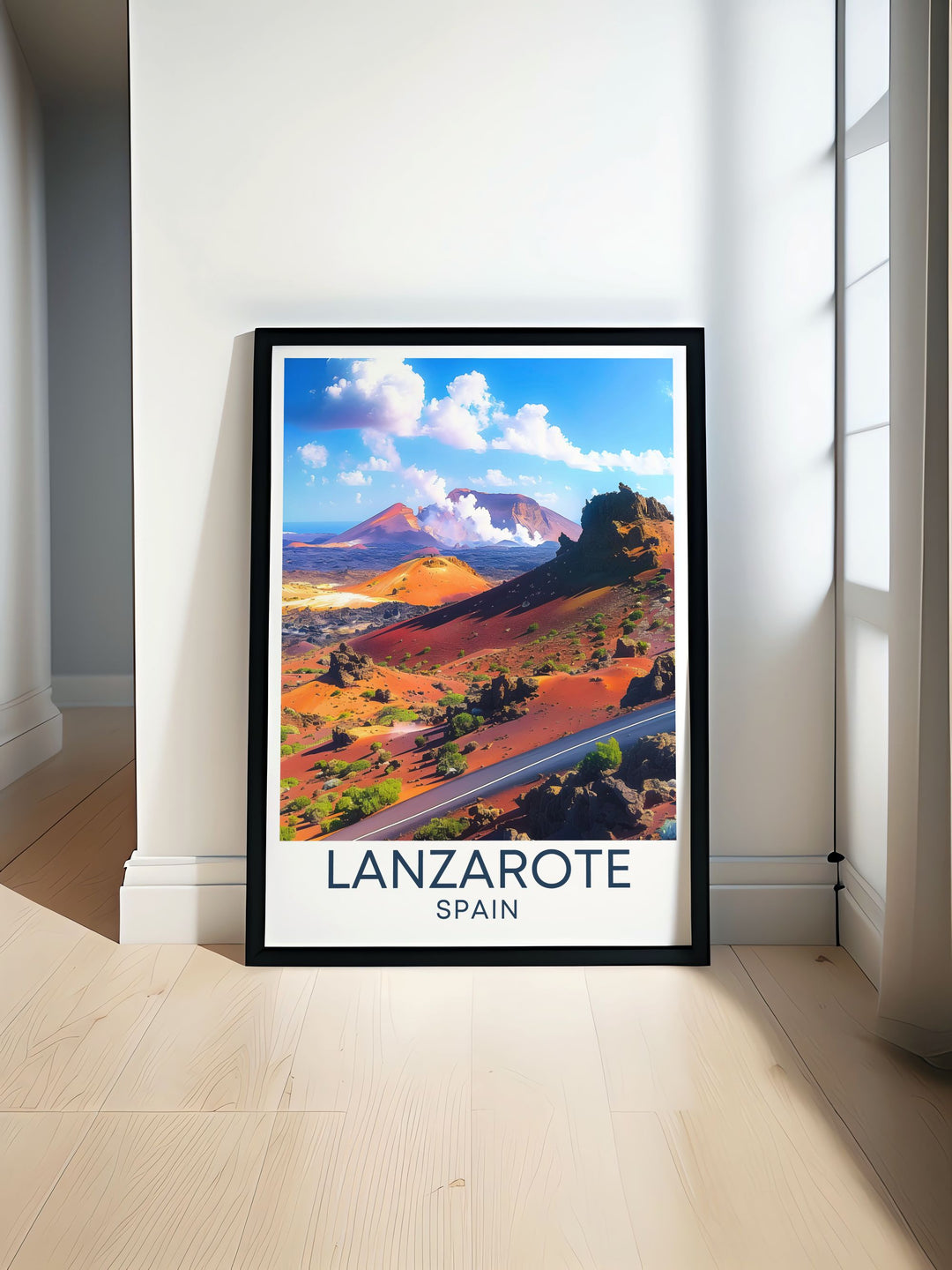 This travel poster beautifully captures the essence of Timanfaya National Park, illustrating its unique volcanic features and geothermal activity, ideal for adding a touch of Lanzarotes natural splendor to any room in your home.
