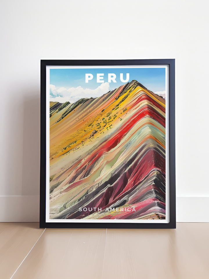 South America travel print highlighting the bold colors of Perus Rainbow Mountains and the modern charm of Lima. This poster offers a detailed depiction of the mountains geological features, perfect for adding a touch of wanderlust to your space.