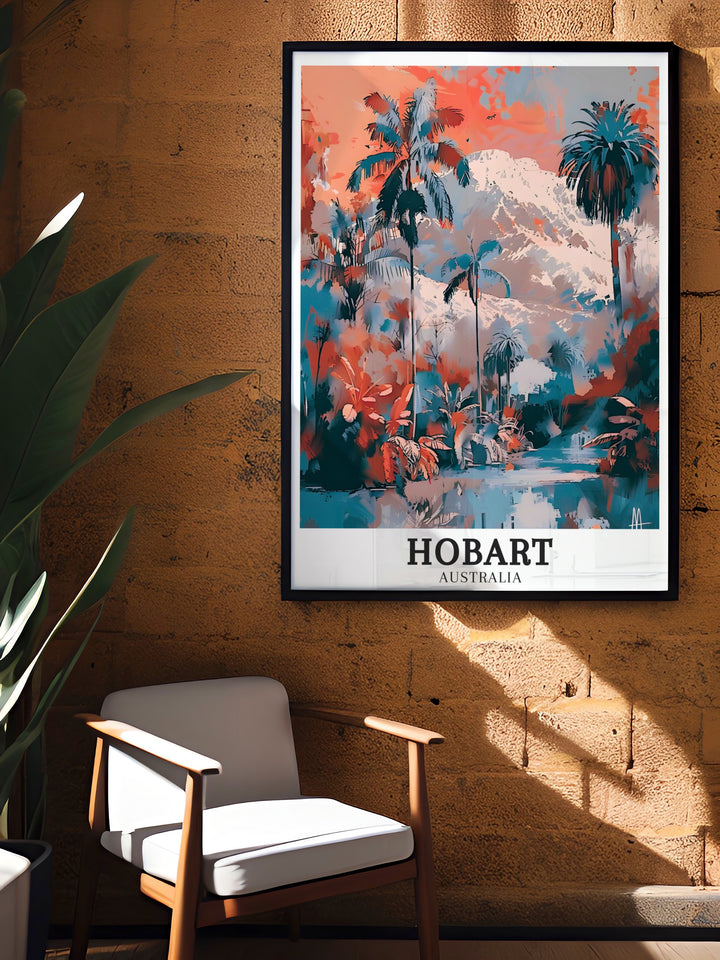 Striking Hobart poster featuring the lush greenery of the Royal Tasmanian Botanical Gardens with Mount Wellington towering in the background. The print celebrates Tasmanias diverse landscapes, perfect for enhancing any rooms decor