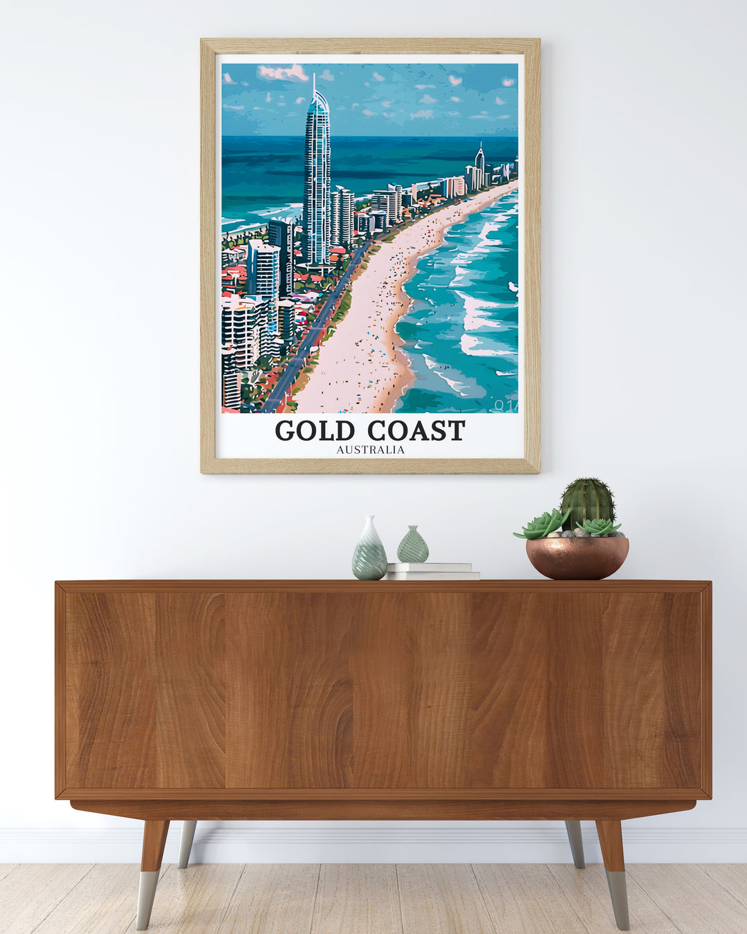 This Q1 building travel poster highlights the architectural brilliance of Australias tallest building. Its sleek design and towering presence make it a must have for those who admire urban landmarks and stunning city views. A great addition to any modern living space or office.