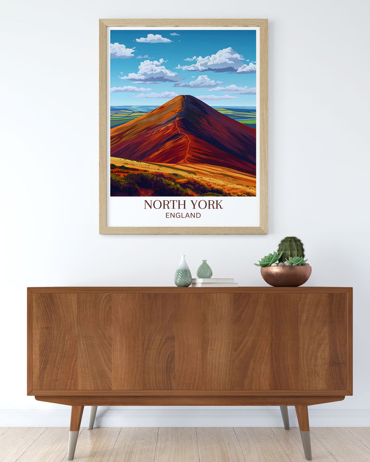 Enhance your decor with this travel poster of North York Moors, featuring the lush landscapes, deep valleys, and dynamic colors that make this area a must visit destination.