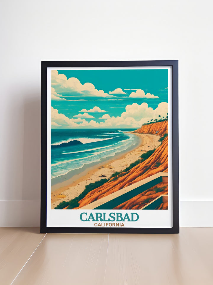 Celebrate the beauty of Carlsbad with this wall poster, featuring a detailed illustration of the famous Carlsbad State Beach in California. Its colorful and serene design makes it an excellent addition to any wall decor collection.