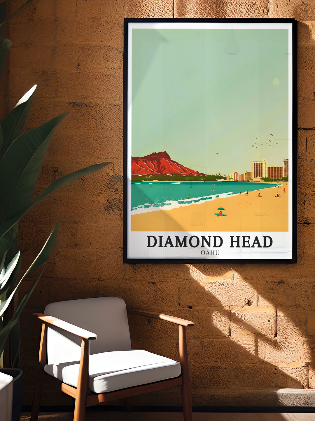 Our travel print beautifully balances the peaceful shores of Waikiki Beach with the lively atmosphere of Honolulus skyline, celebrating the unique energy of Hawaiis capital.