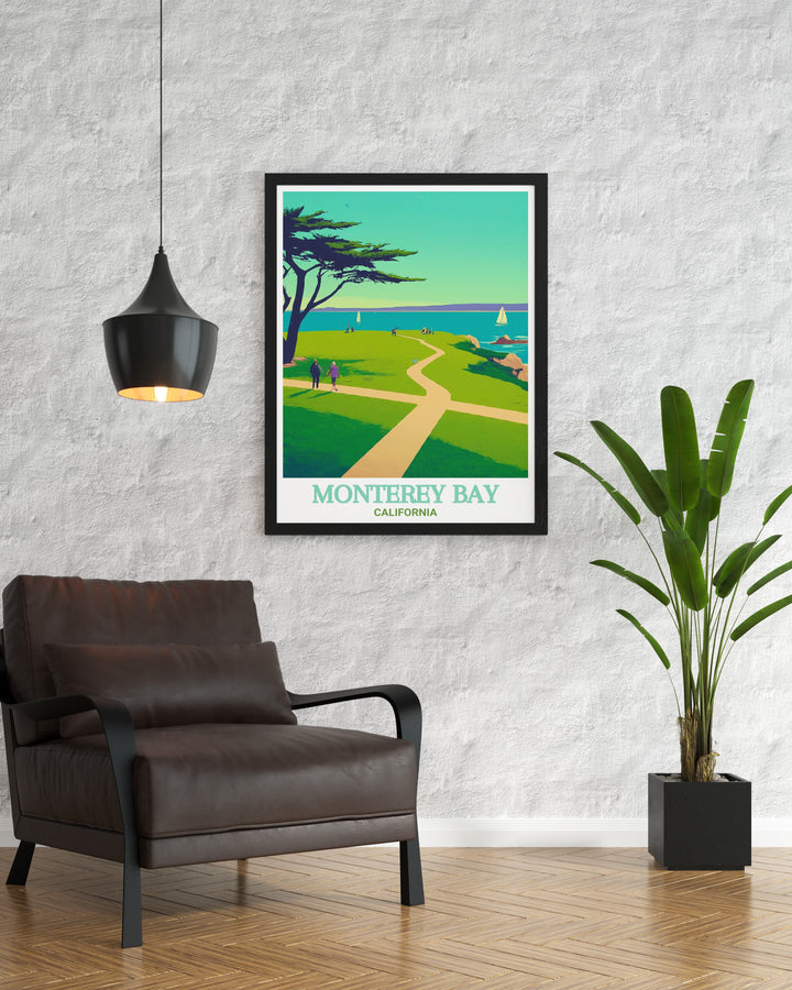 Decorative art print of Lovers Point Park in Monterey Bay, capturing the essence of this scenic California landmark. Ideal for enhancing your home with natural beauty. The vibrant imagery provides a glimpse into the serene landscapes.