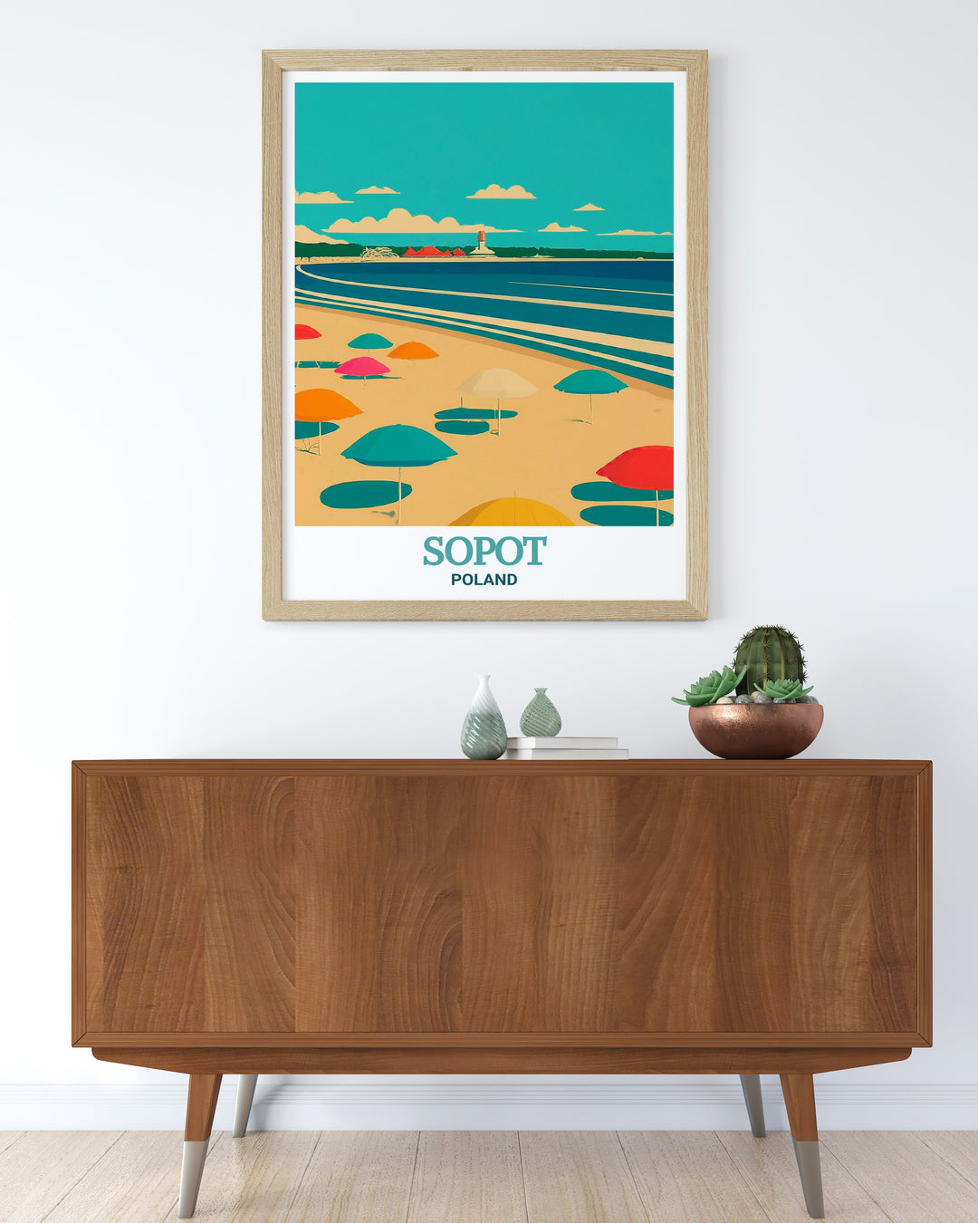 A picturesque travel print of Sopot Beach, Poland, offering a serene view of the Baltic coast, perfect for enhancing your homes coastal vibe.