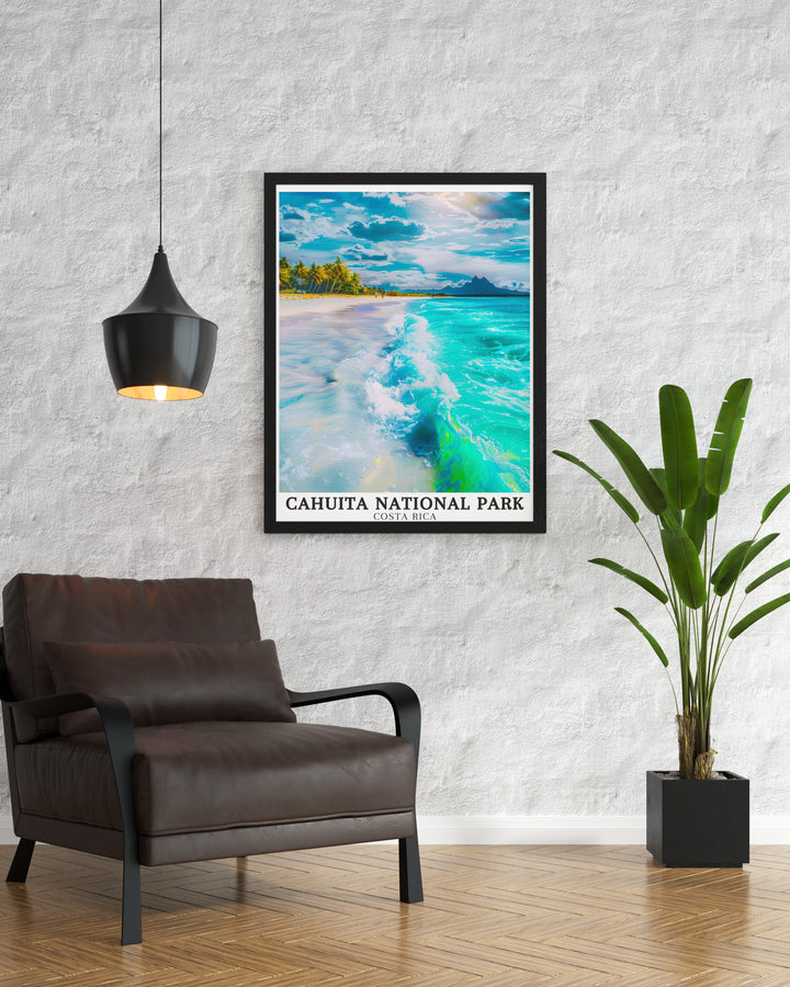 Costa Rica Travel Poster invites you to experience the natural beauty of Cahuita National Park, featuring its white sandy beaches and rich greenery. This poster is ideal for those who want to bring the tropical essence of Costa Rica into their home.