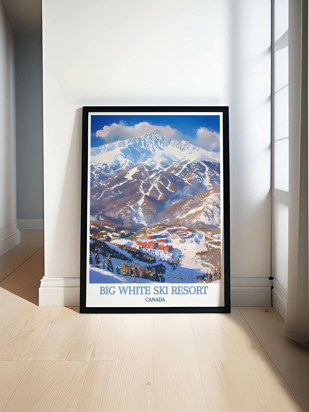 Big White Ski Resort fine art print capturing the stunning snowy peaks and vibrant alpine village, perfect for bringing the beauty and thrill of Canadian winters into your home decor.