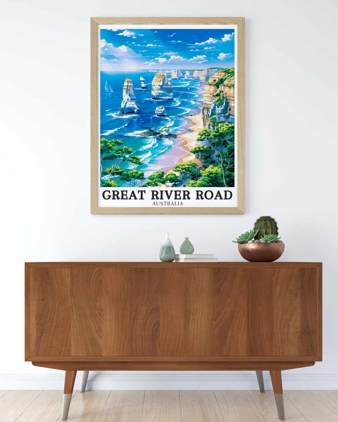 Twelve Apostles wall poster capturing the iconic rock formations and stunning coastal scenery of Australias Southern Ocean. With vibrant colors and intricate details, this travel poster brings the raw beauty of Australias coast into your home, creating an inspiring focal point.